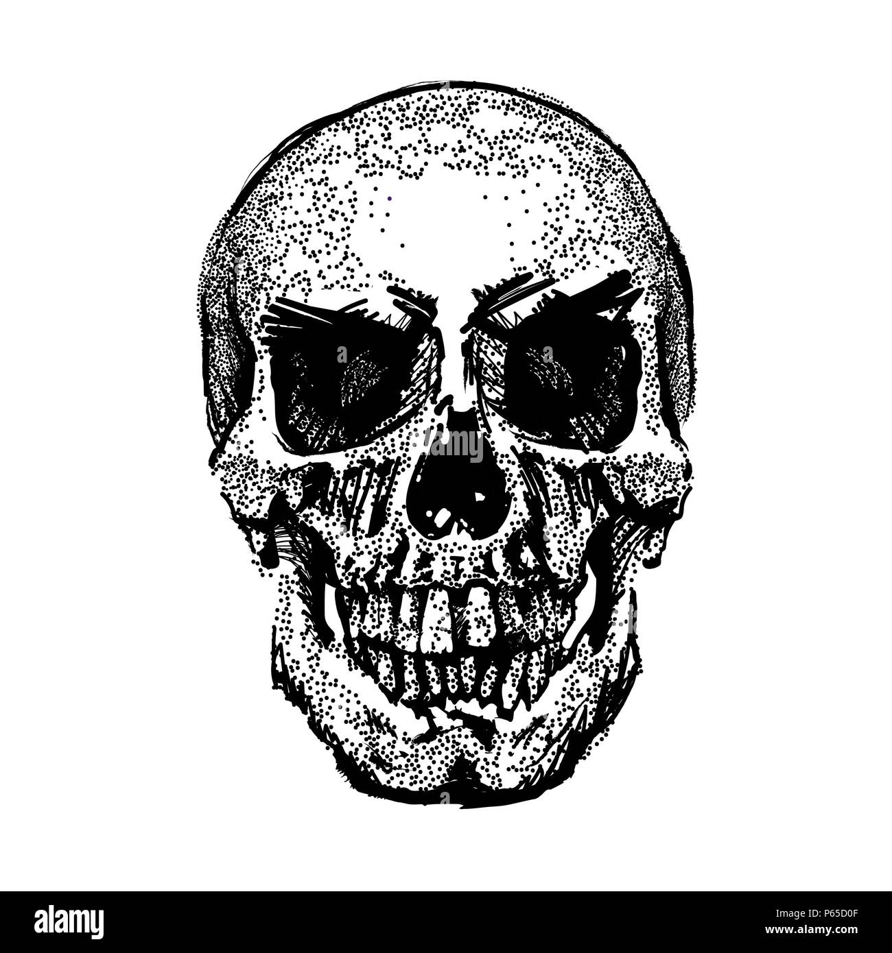 Skull image in grunge. Vector art. Street style. Symbol of death. Monochrome style. Isolated on white background. Particle divergent composition. Vector Illustration. Stock Vector