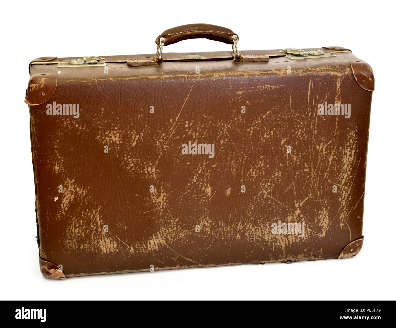 Old suitcase, travel item, luggage or baggage. Vintage suitcase, retro, leather suitcase, isolated on white background. Stock Photo