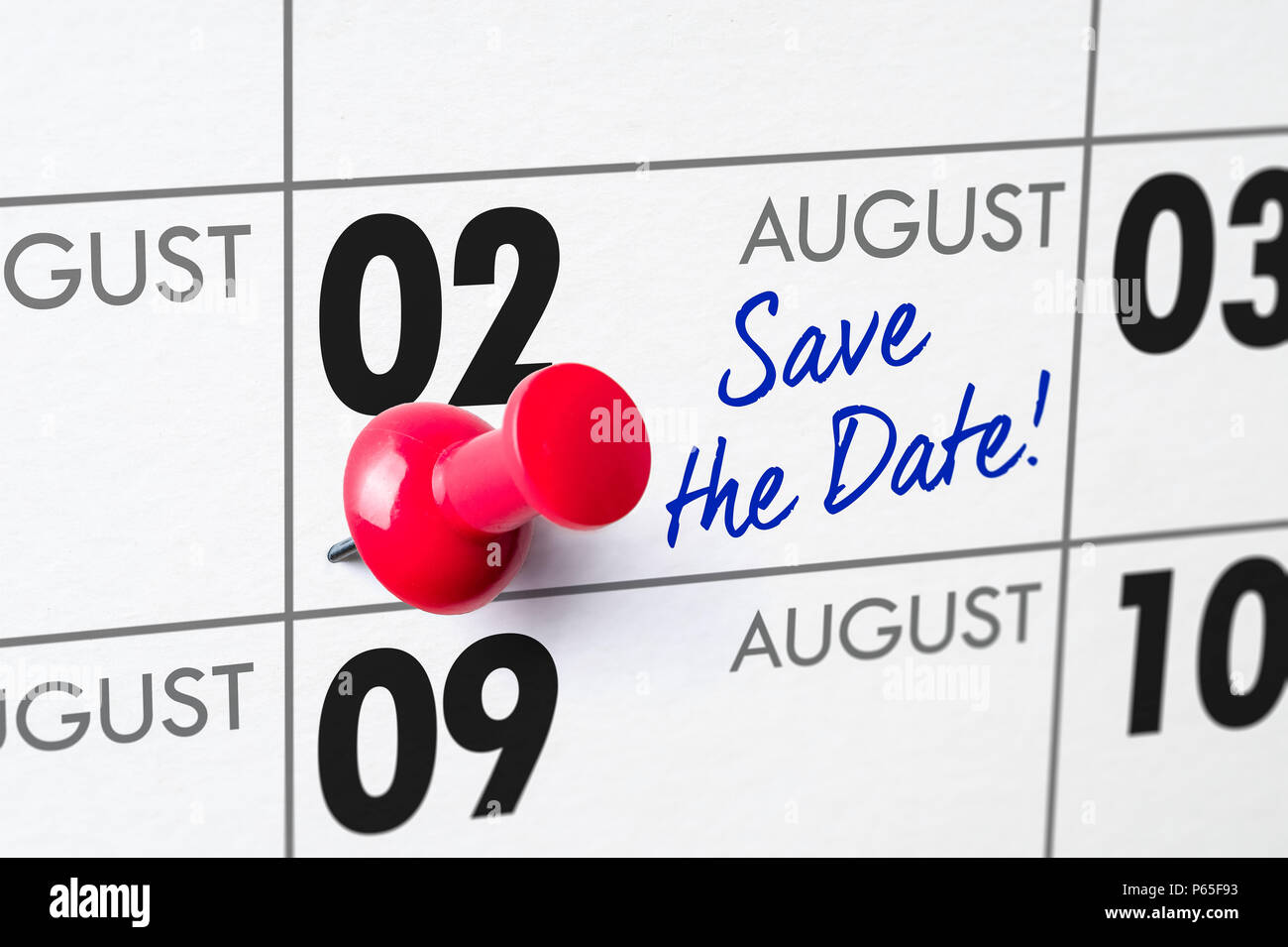 Wall calendar with a red pin - August 02 Stock Photo - Alamy