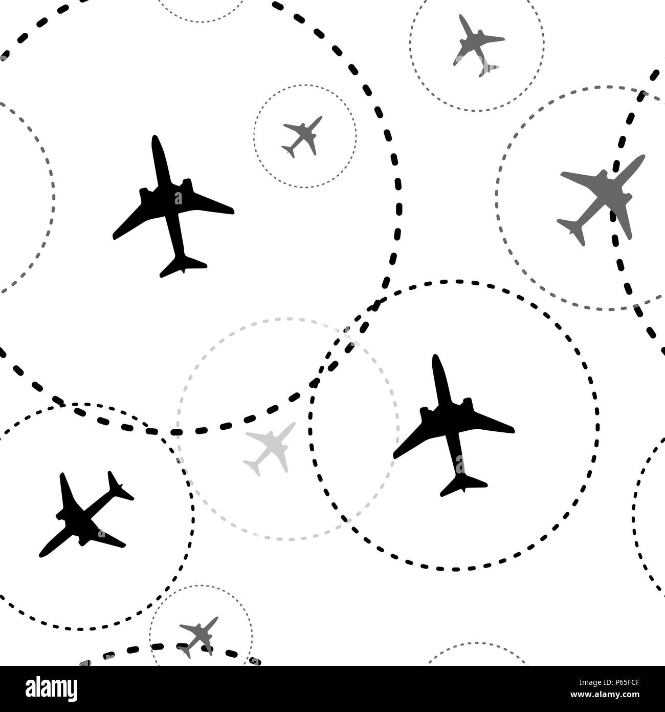 Air travel. Dotted lines are flight paths of commercial airline passenger jet airplanes. Abstract Illustration eps10 Stock Vector