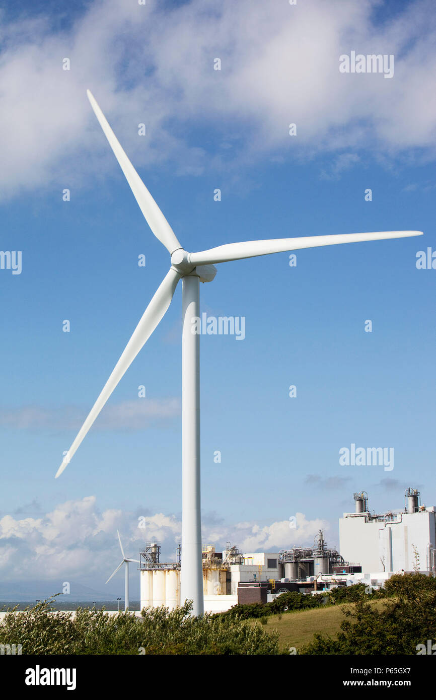 A 2 MW Wind turbine producing renewable electricity in the grounds of the Eastman factory on the outskirts of Workington, Cumbria, UK. There are 2 of  Stock Photo