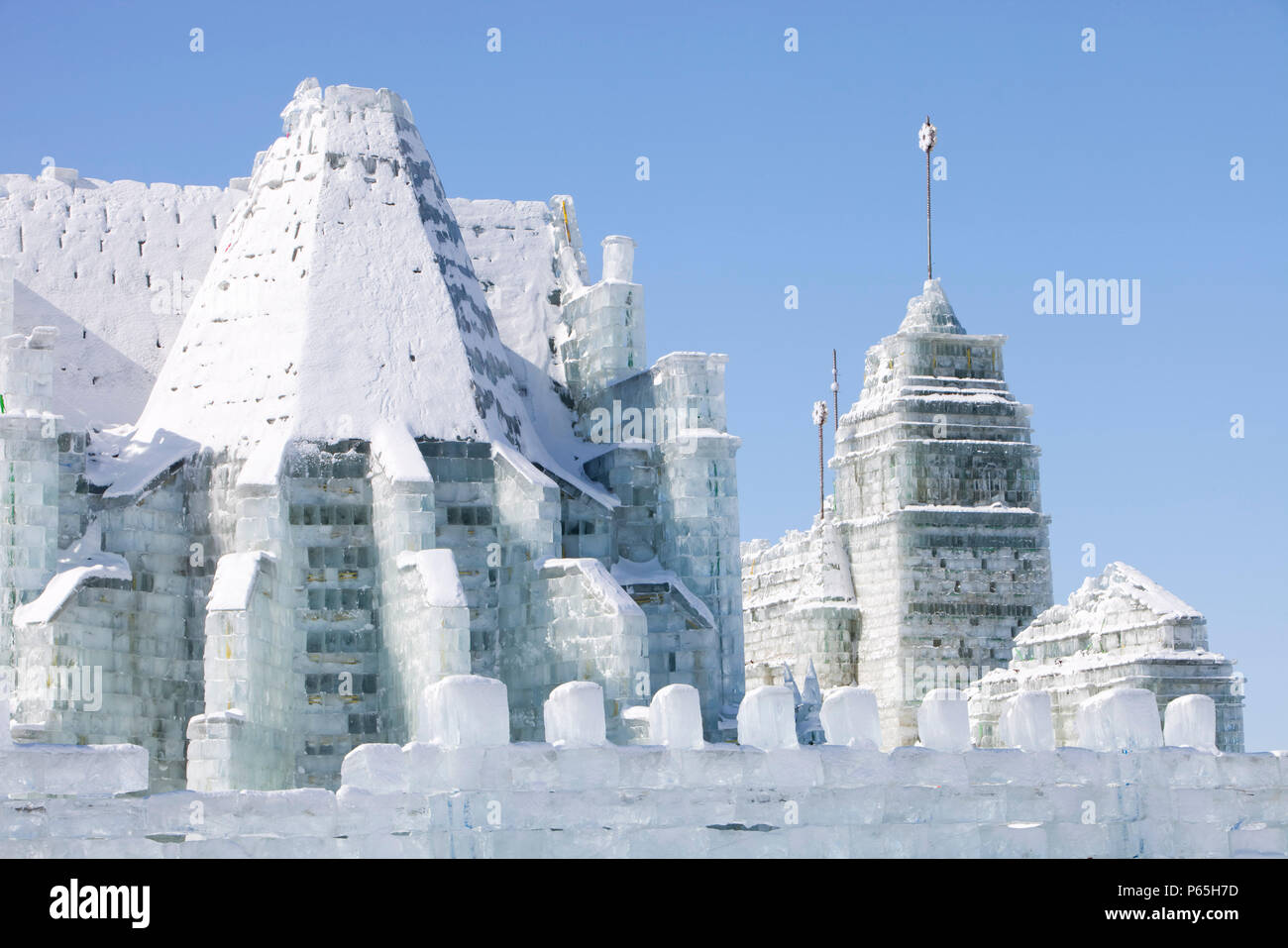 An ice palace built with blocks of ice from the Songhue river in Harbin, Heilongjiang Province, Northern China Stock Photo