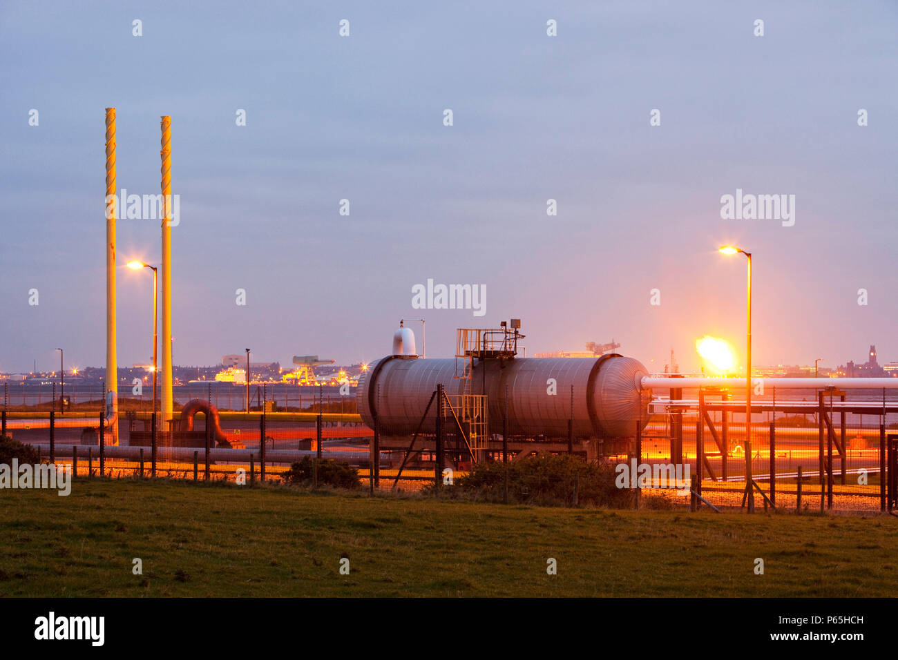 Gas being flared off at Centrica's gas plant in Barrow in Furness. This plant processes gas from the Morecambe bay gas field, Cumbria, UK. Stock Photo