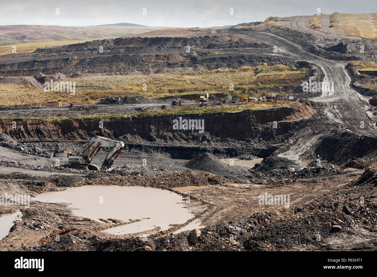 The Glentaggart open cast coal mine in Lanarkshire, Scotland, UK. As well as the disastrous climate change consequences of continuing to mine and burn Stock Photo