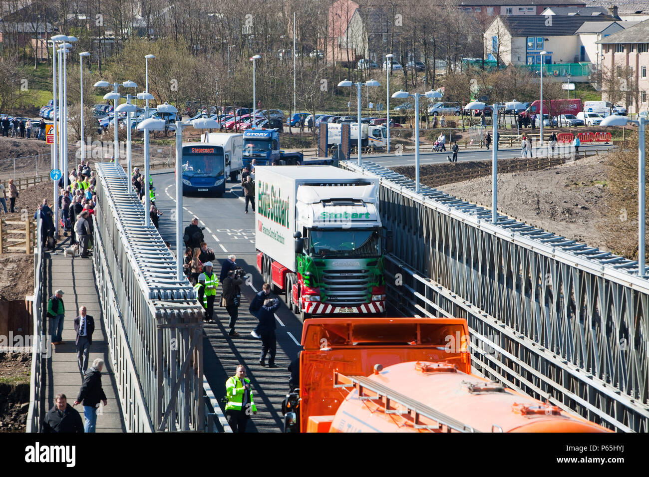 This Eddie Stobart lorry was chosen as the first vehicle to cross the new Workington bridge crossing the River Derwent, at the official opening. The b Stock Photo