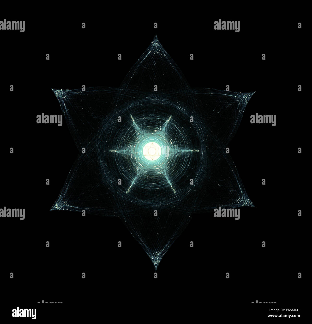 Light Beams Moving Around Glowing Hexagram. Esoterica, Sacred Geometry And Hermeticism Stock Photo