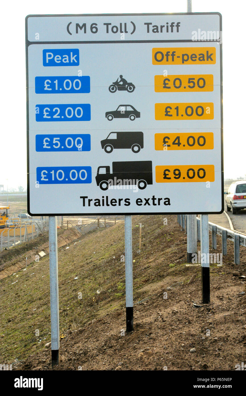 Toll fees on the new M6 motorway. The M6 Toll opened in December 2003. Birmingham area, England. Stock Photo