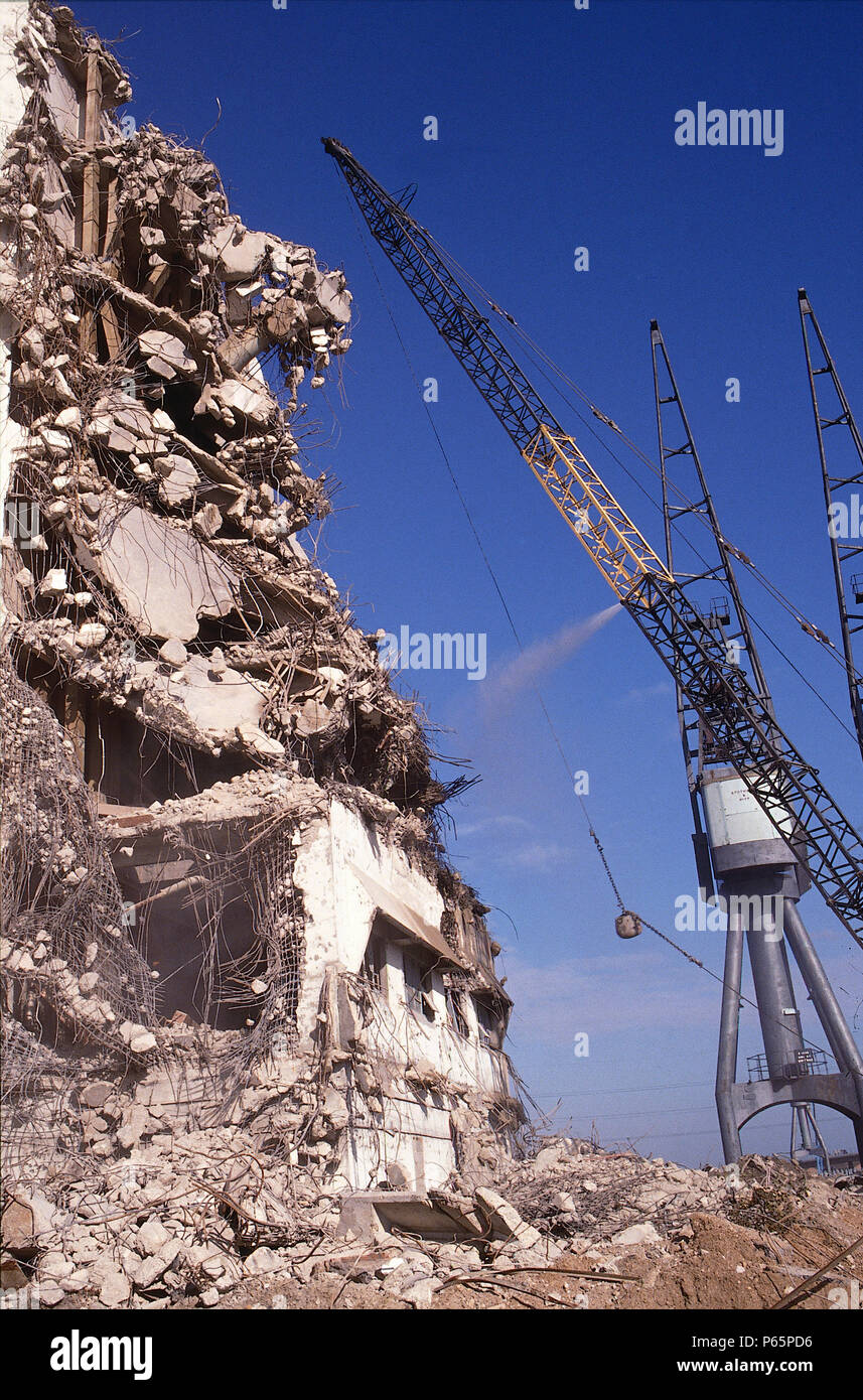 demolition of grain warehouse, Royal Docks, London. Stock Photo