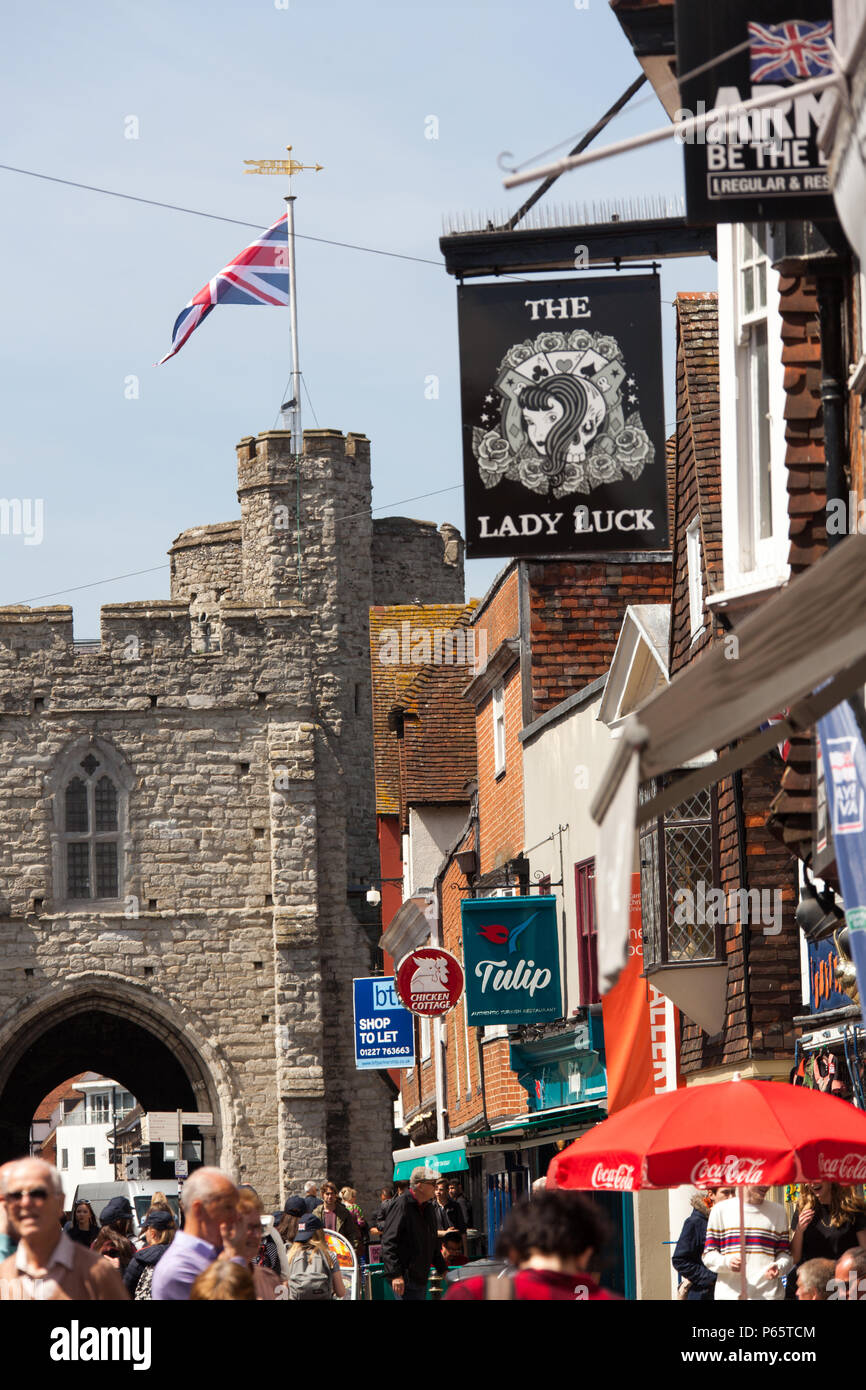 City of Canterbury, England. Picturesque street view of pub and shops