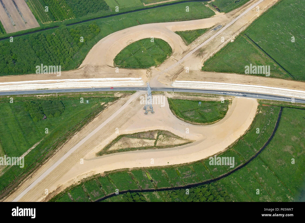 Construction of a new junction linking the new A26 with the existing A7 motorway, Niedersachsen, Lower Saxony, Germany Stock Photo