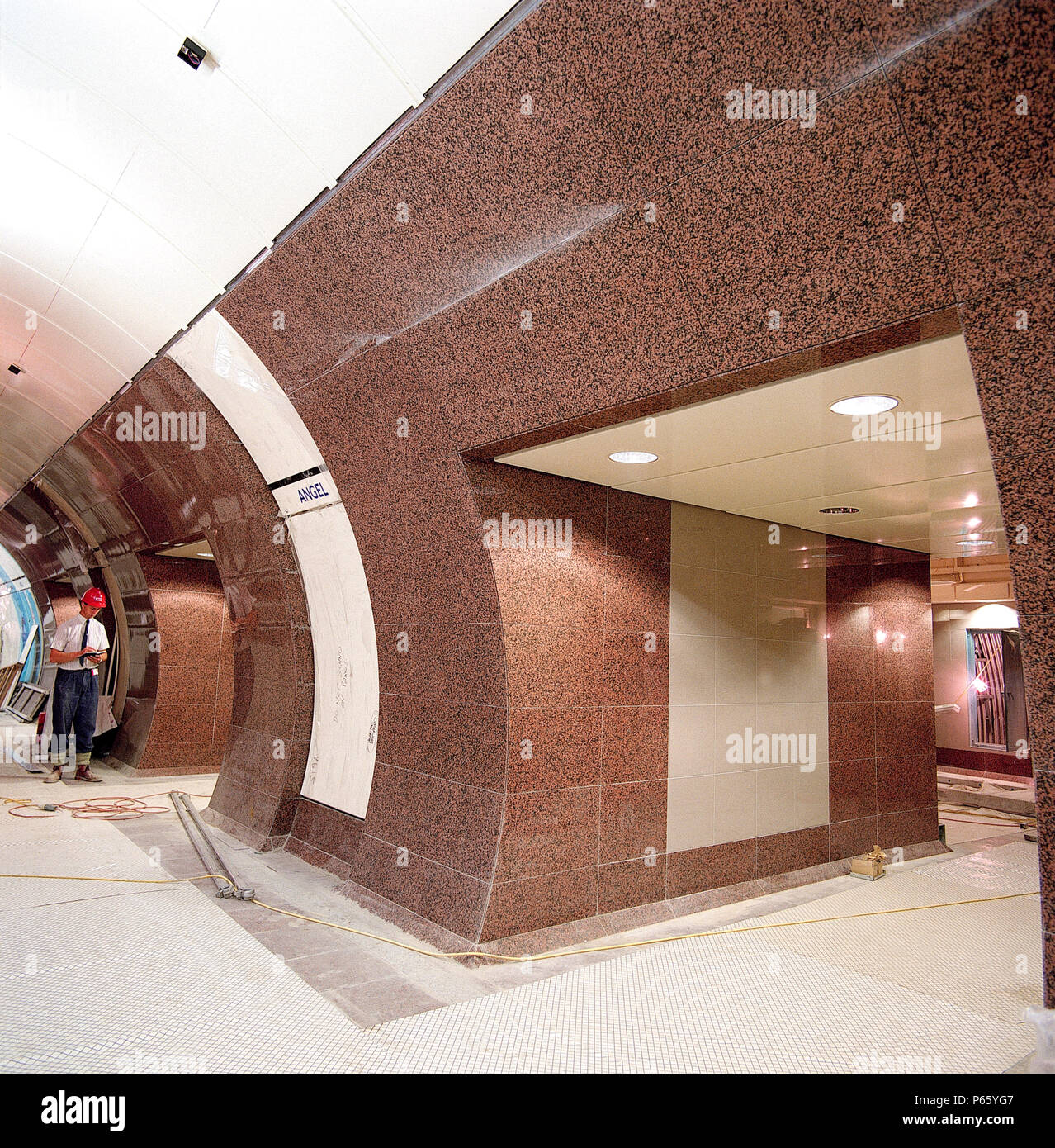 Passenger tunnel during refurbishment of Angel Underground station. London, United Kingdom. Stock Photo