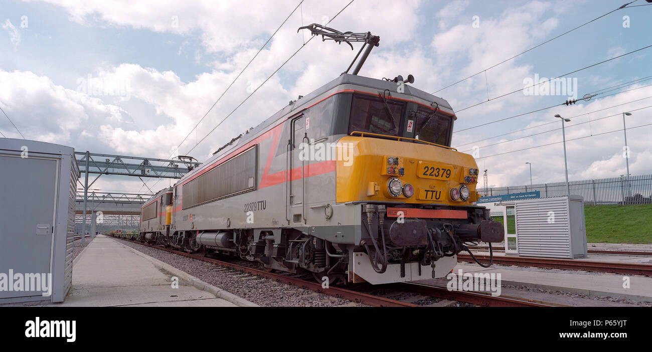 Electric locomotives at Dollands Moor Railfreight Distribution Terminal. Kent, United Kingdom. Stock Photo