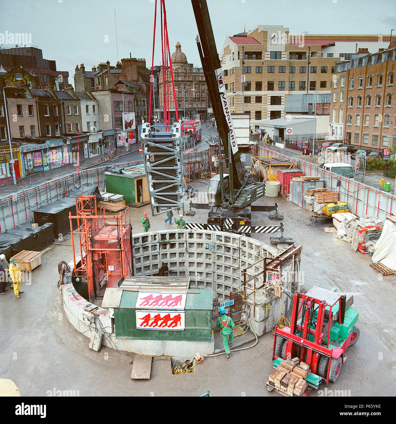 Construction site around mouth of shaft. Refurbishment of Angel