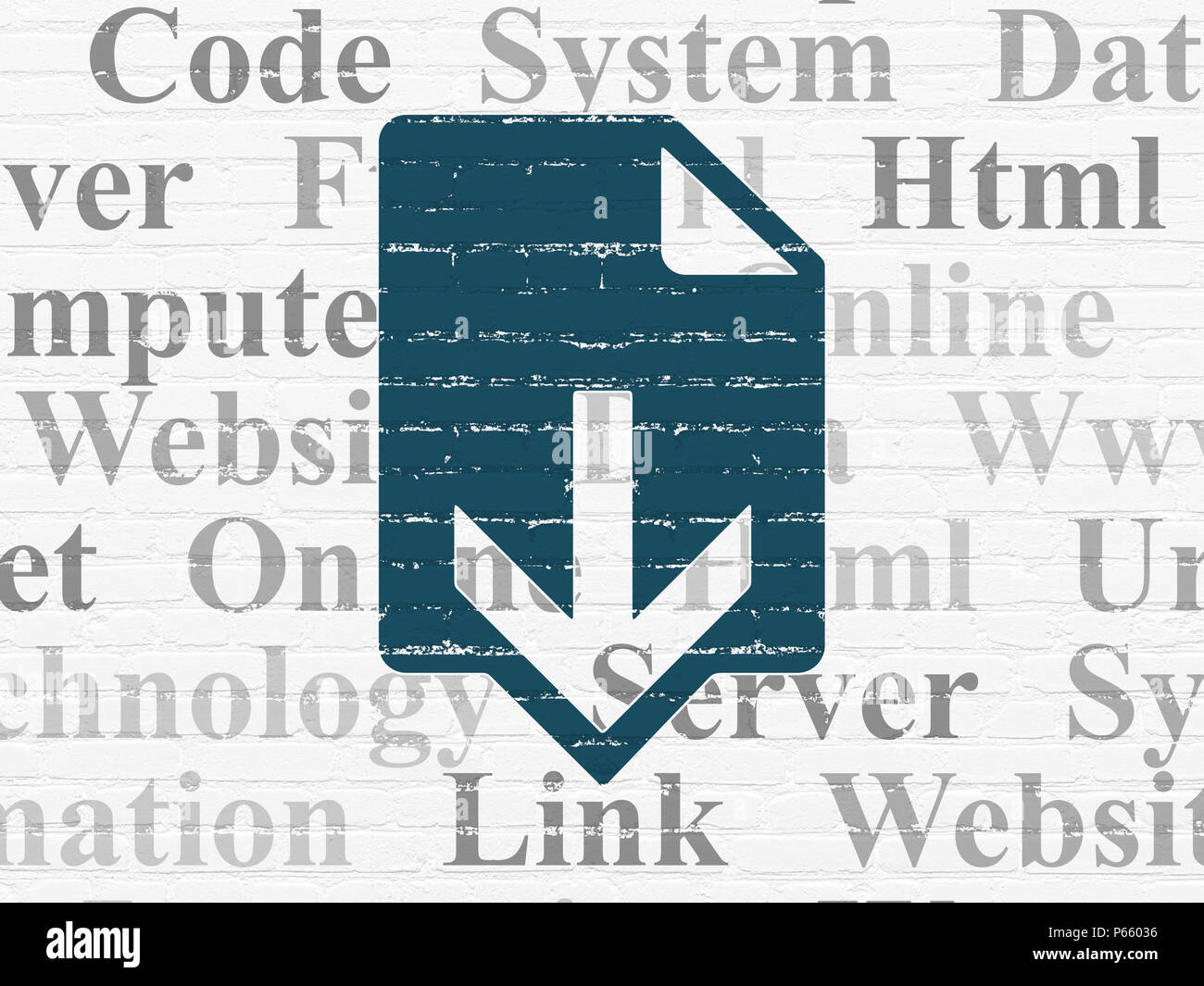 Web development concept: Painted blue Download icon on White Brick wall background with  Tag Cloud Stock Photo