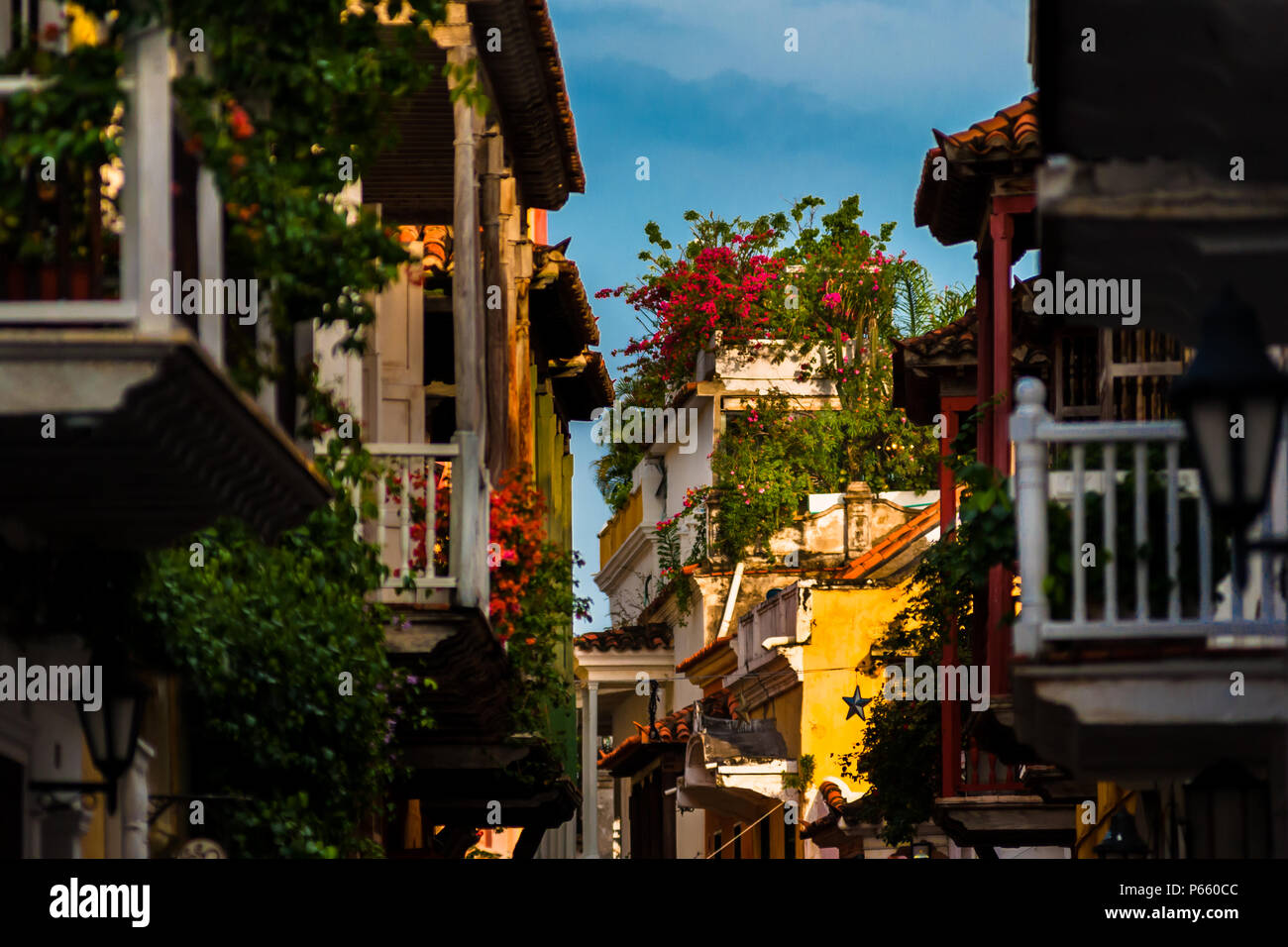 Wooden balconies, decorated with tropical flowers, are seen in the street, located in the colonial walled city in Cartagena, Colombia. Stock Photo