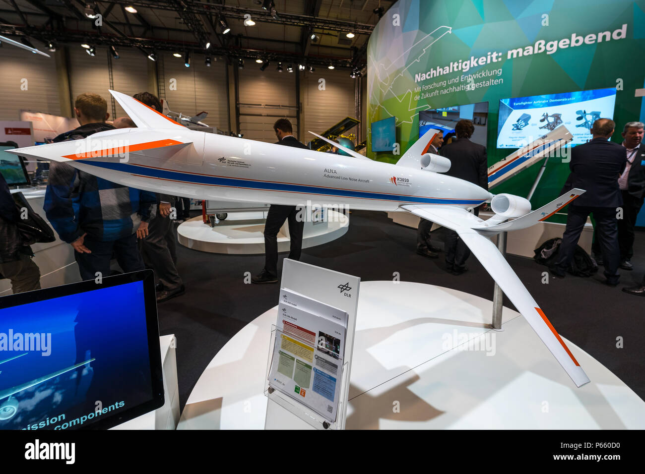 Space Pavilion. Stand of the German Aerospace Center (DLR). Mockup of ALNA (Advanced Low Noise Aircraft). Exhibition ILA Berlin Air Show 2018 Stock Photo