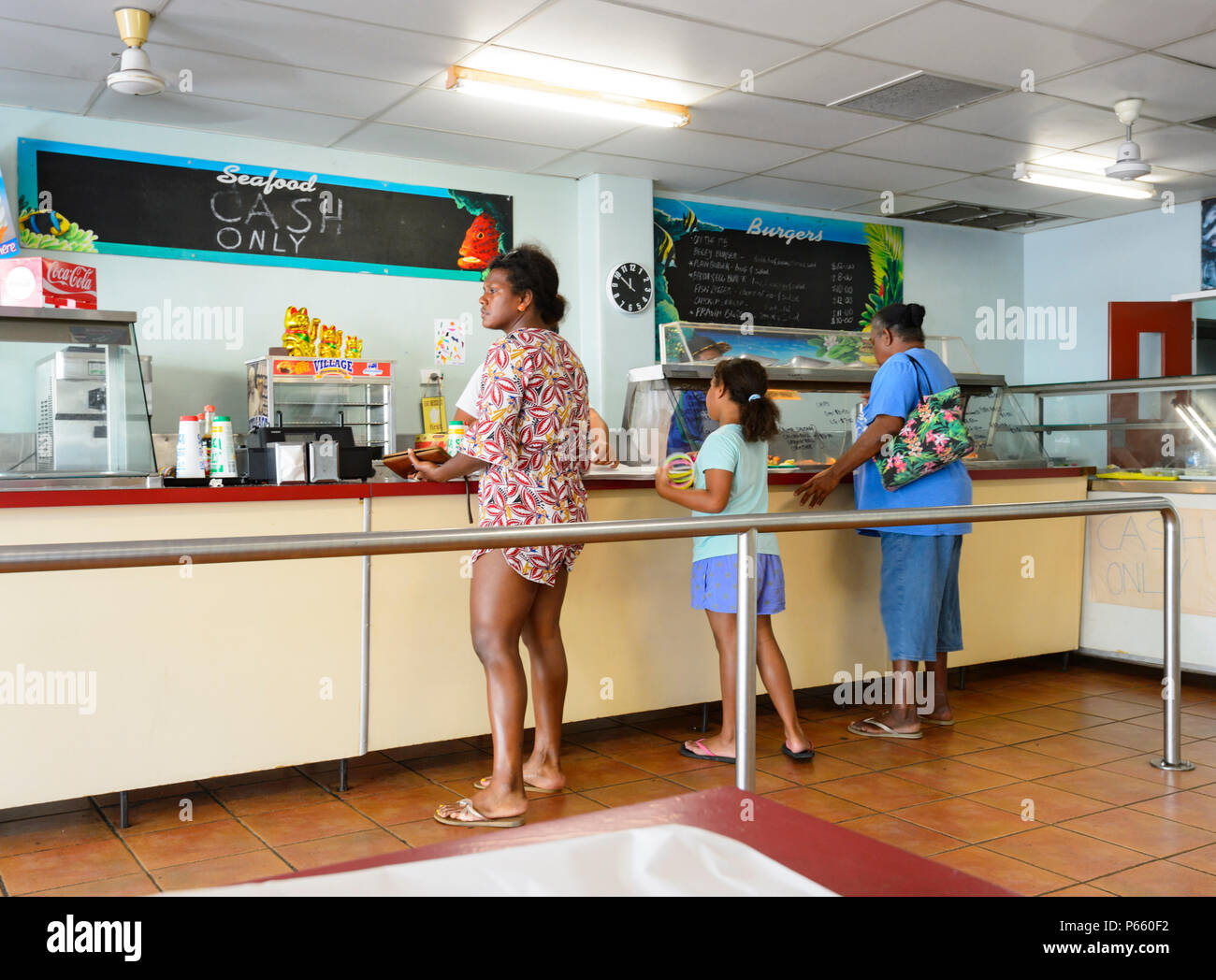 Locals queueing up at Bobby's, a popular fish and chips and seafood snack bar, Thursday Island, Torres Strait Islands, Far North Queensland, FNQ, QLD, Stock Photo