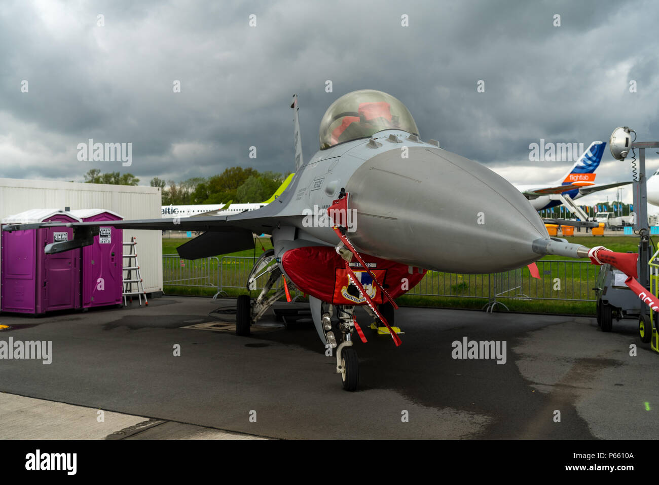 Multirole fighter, air superiority fighter General Dynamics F-16 Fighting Falcon. US Air Force. Exhibition ILA Berlin Air Show 2018. Stock Photo