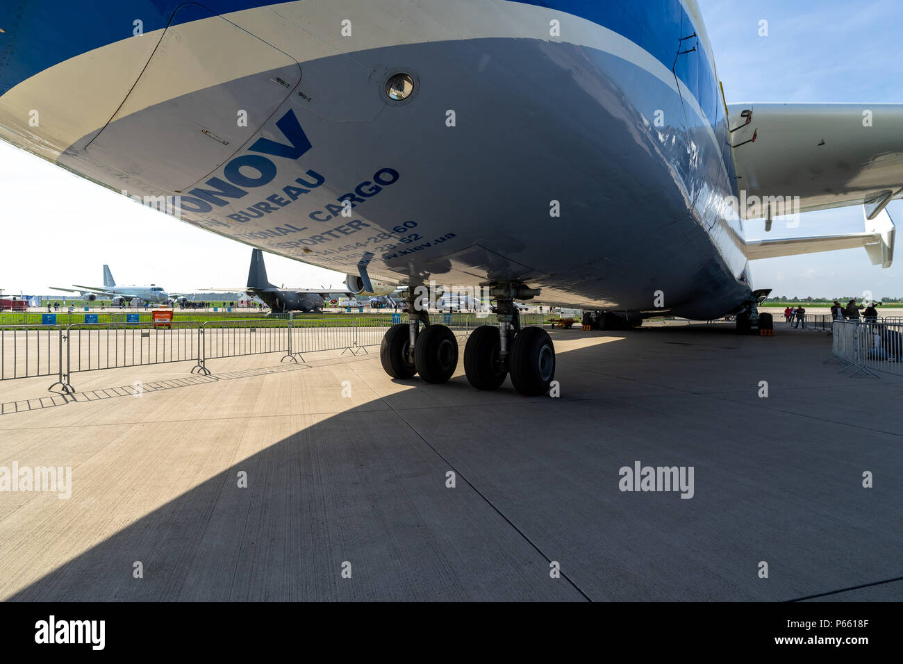 Nose landing gear of the strategic airliner Antonov An-225 Mriya by Antonov Airlines. Exhibition ILA Berlin Air Show 2018 Stock Photo