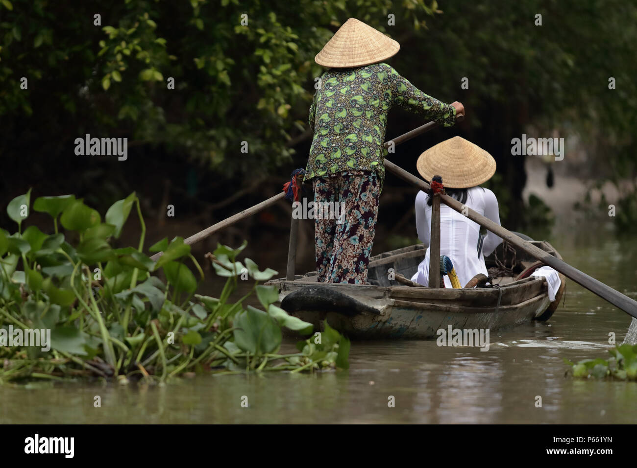 Vietnamese women in a traditional boat on the river in Mekong Delta Stock Photo