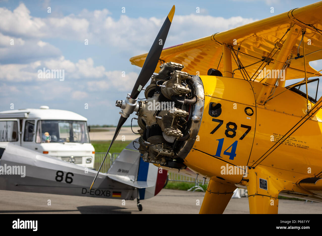 Berlin April 27 2018 Radial Engine Of The Biplane Trainer Boeing Stearman Model 75 Kaydet Exhibition Ila Berlin Air Show 2018 Stock Photo Alamy