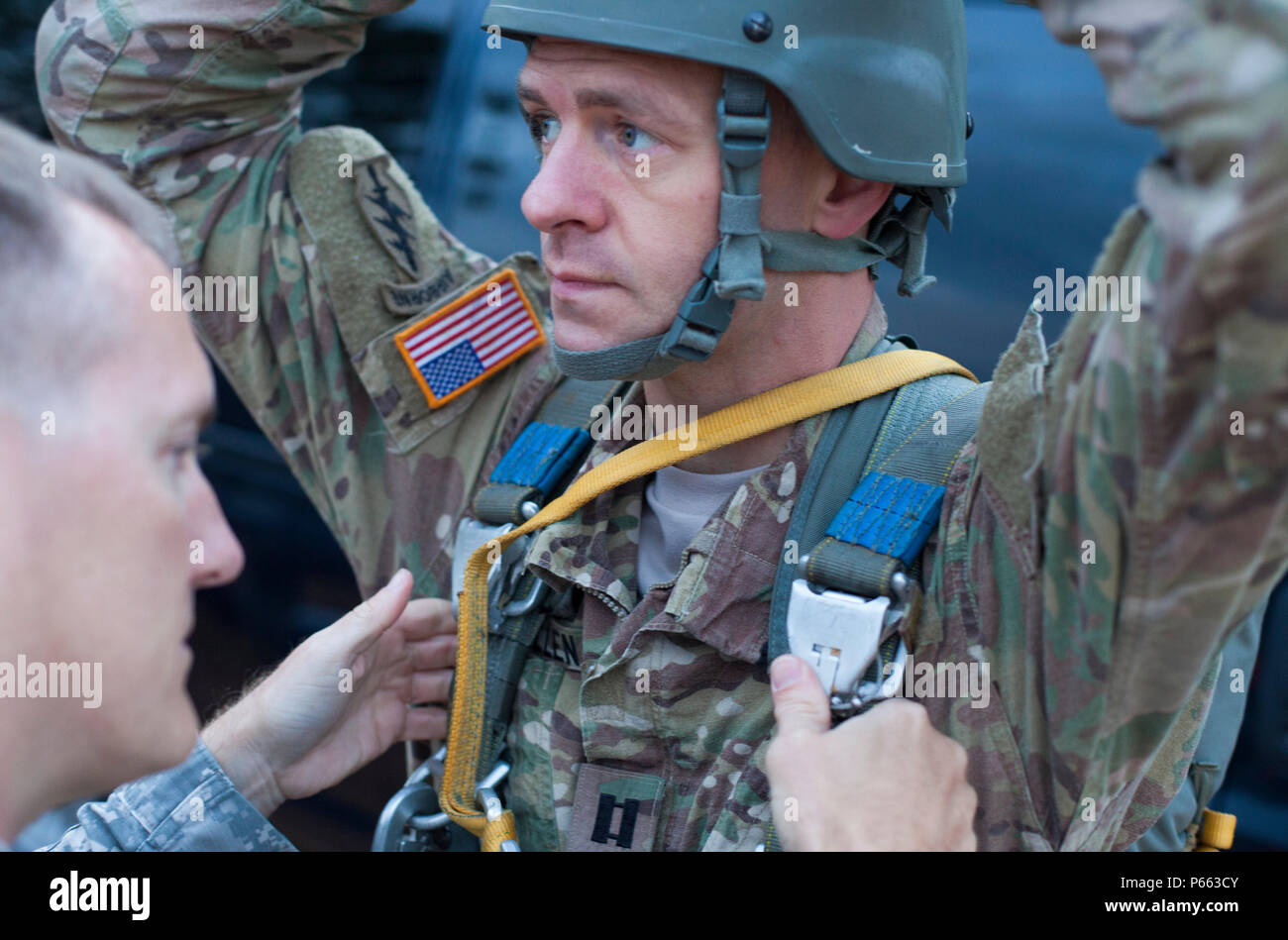 A U.S. Army paratrooper receives his jumpmaster personal inspection