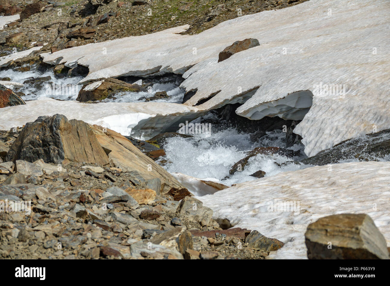 Water stream between ice Stock Photo