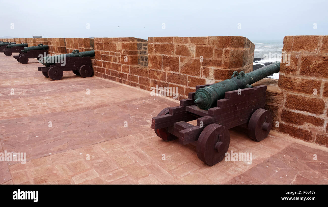 cannons on the city walls at Essaouira, protecting the city from invasion from the sea Stock Photo