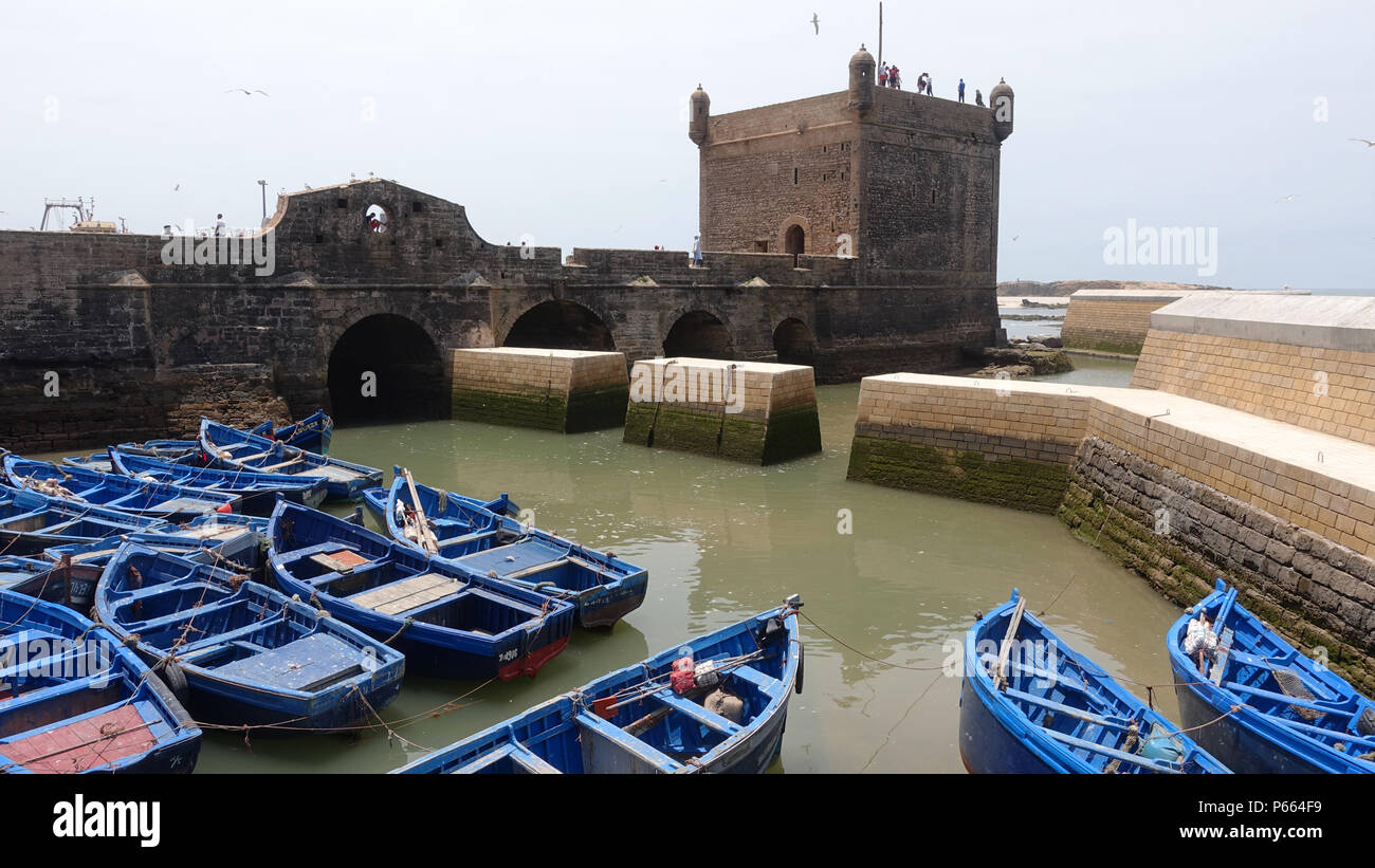 tyraditional blus fishing boats moored in Essaouira, Morocco.  Ready to fish Stock Photo