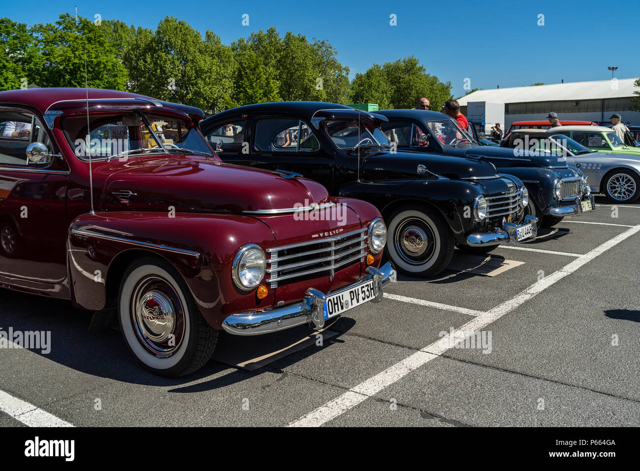BERLIN - MAY 06, 2018: Mid-size cars Volvo PV444 / 544 stand in a row. Oldtimertage Berlin-Brandenburg (31th Berlin-Brandenburg Oldtimer Day). Stock Photo