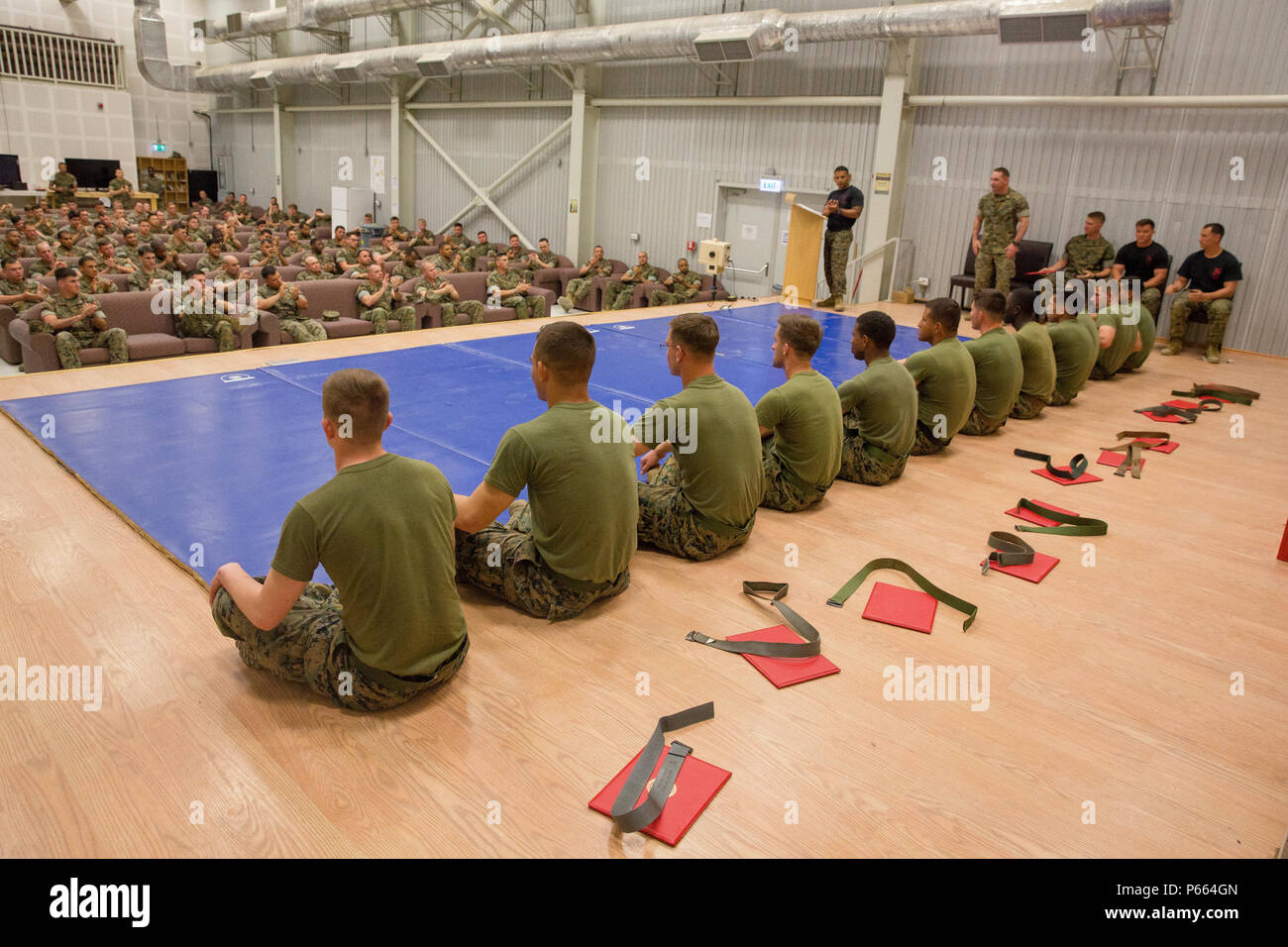 Newly graduated U.S. Marine Martial Arts Instructors with Black Sea Rotational Force sit cross-legged as fellow Marines give a round of applause at the conclusion of their graduation ceremony for class 155-16, Mihail Kognalniceanu Air Base, Romania, April 22, 2016. MAI class 155-16 is the first Marine Corps Martial Arts Instructor Course held for BSRF 16.1 at Mihail Kognalniceanu Air Base, Romania. (U.S. Marine Corps photo by Cpl. Kelly L. Street, 2D MARDIV COMCAM/Released) Stock Photo