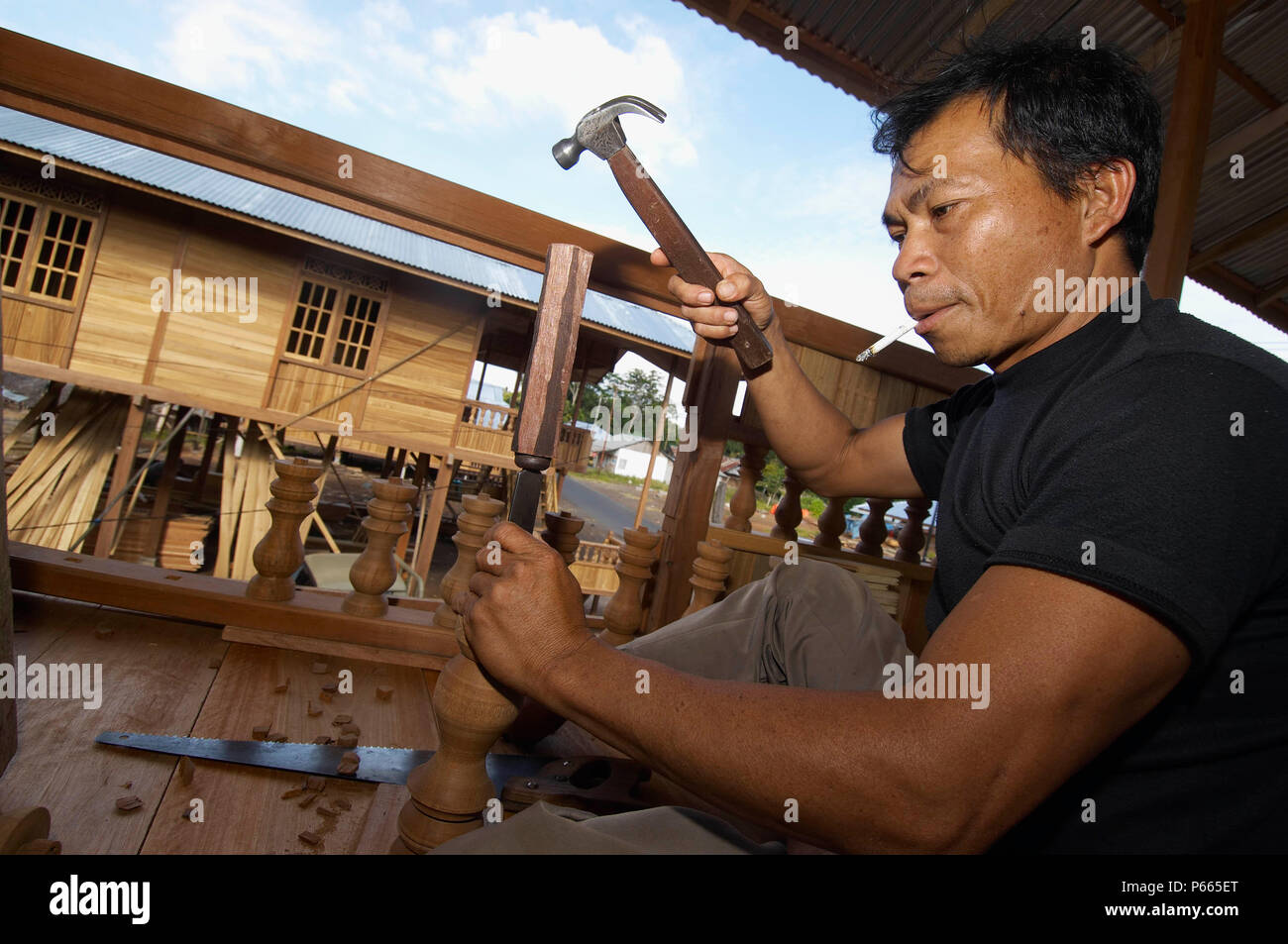 Indonesia,  North Sulawesi, near Bitung. Wooden houses factory. Theses houses ares sold as kit abroad. Stock Photo