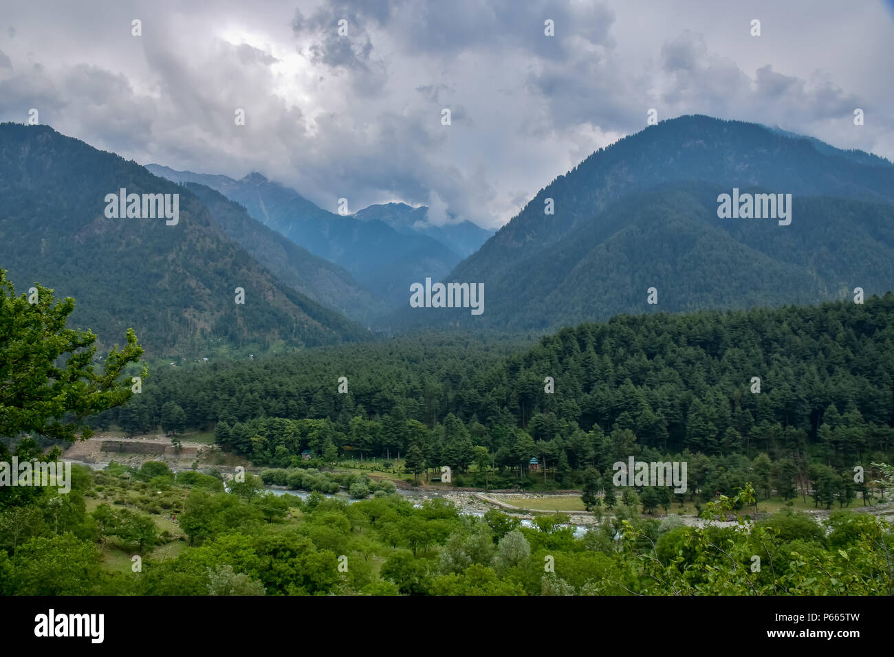 View Of Pahalgam Along With The River Lidder Flowing In The Middle On A Sunny Day Pahalgam Is A Hill Station In The Ananthnag District Of Jammu And Kashmir Some 98 Kms