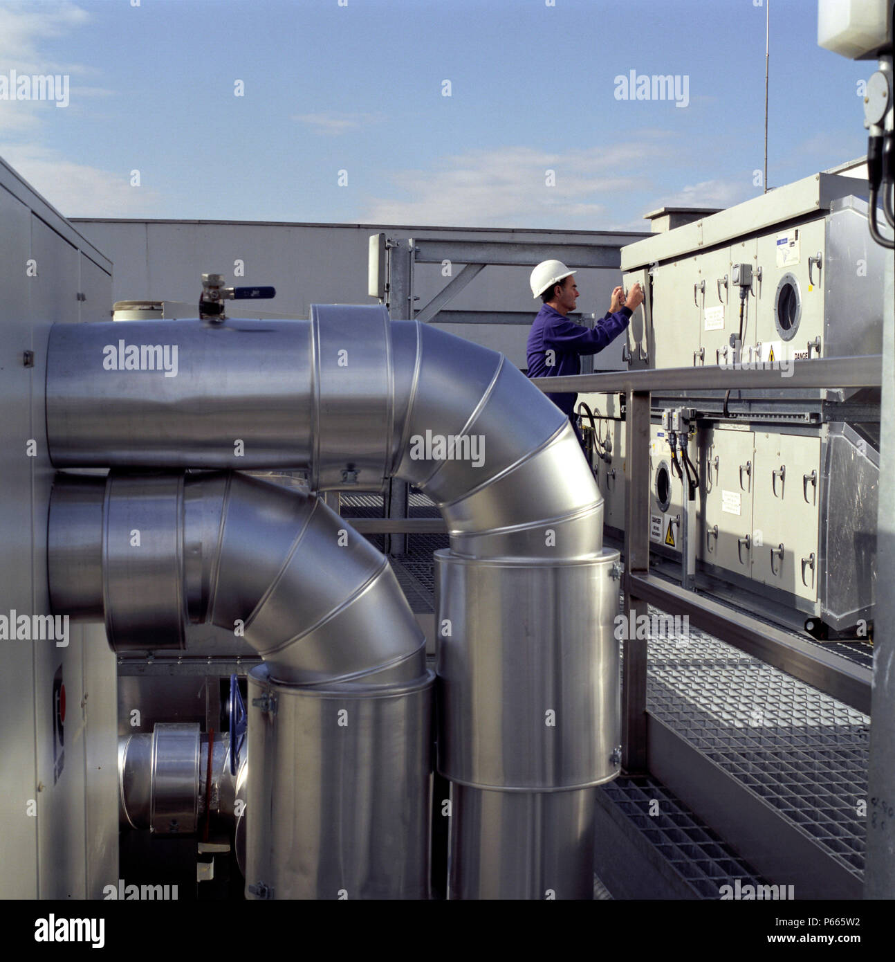 Pipes of the plant room on a rooftop Stock Photo