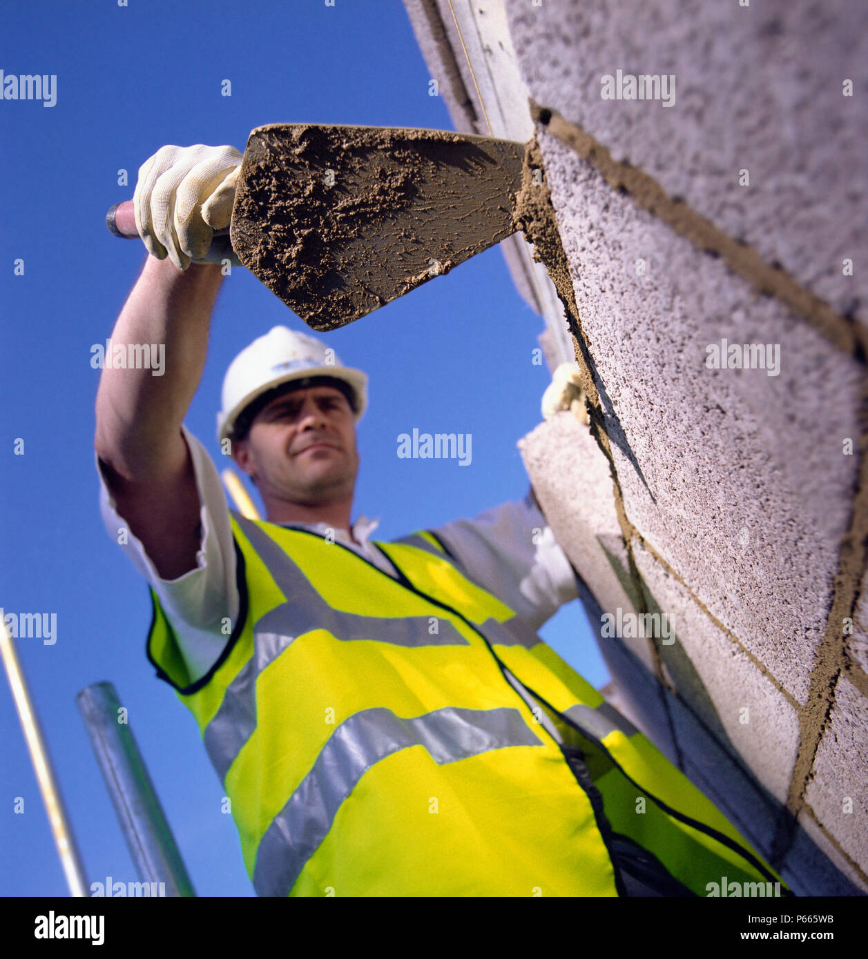 Bricklayer applying cement onto bricks Stock Photo Alamy