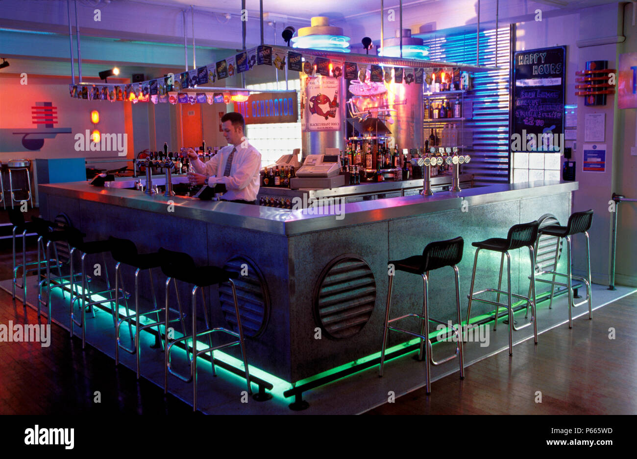 Interior of a modern bar showing neon lights. Stock Photo