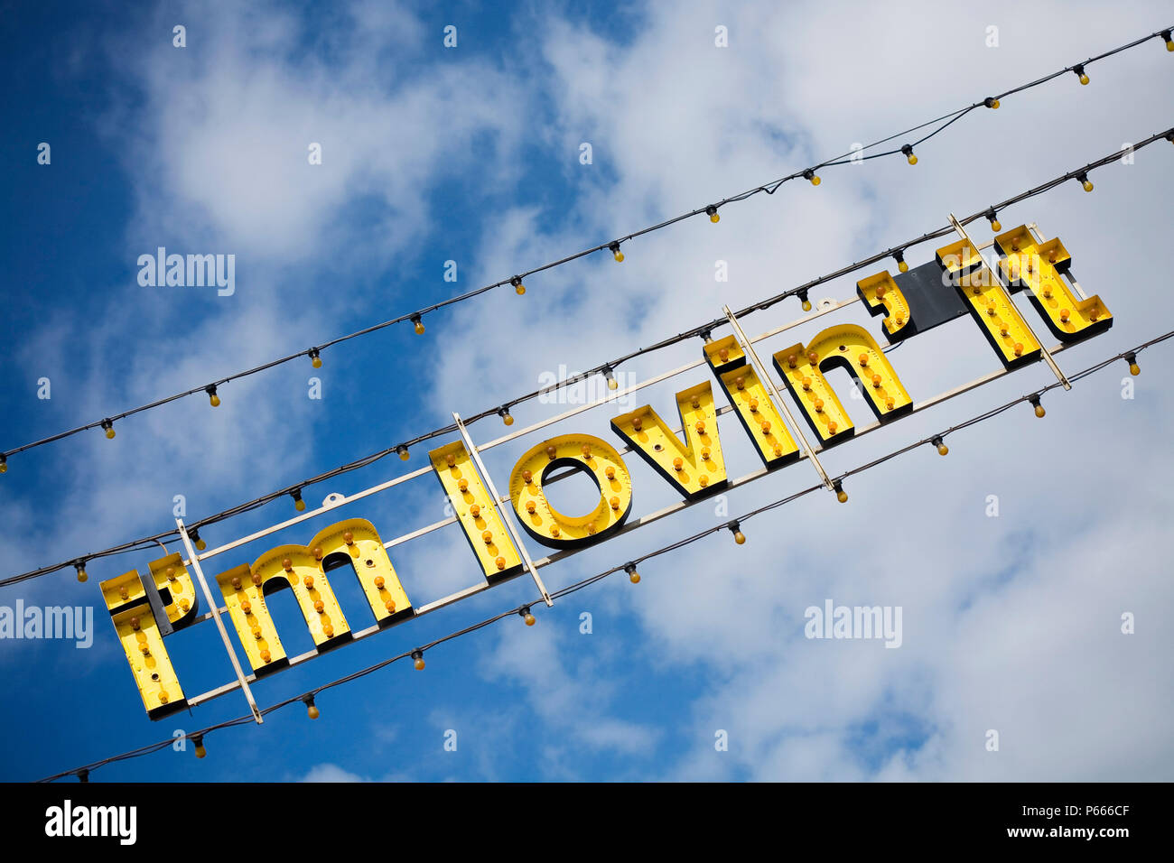 Blackpool Illuminations, McDonalds catchphrase, 'I'm Lovin' It' Stock Photo