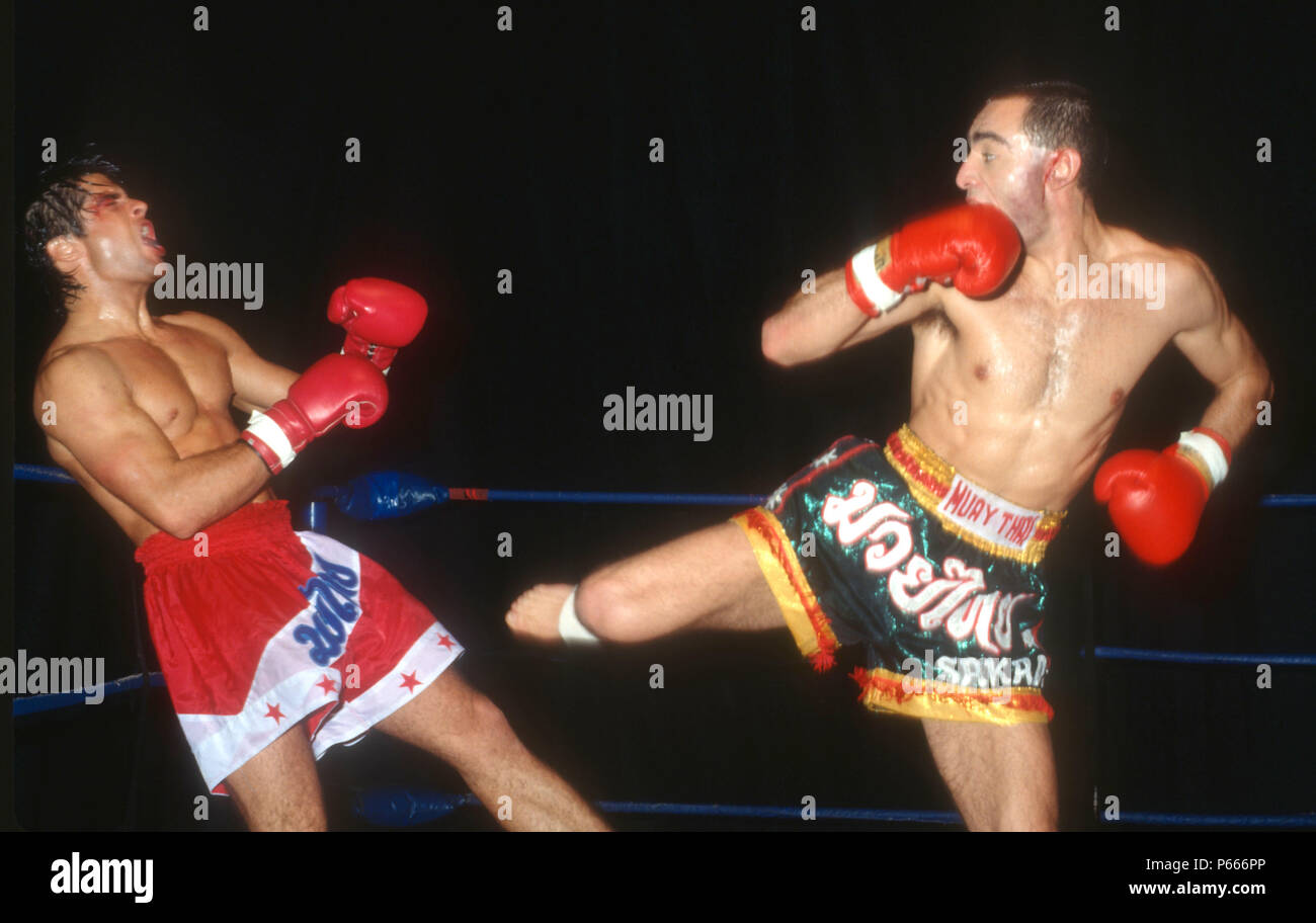 LOS ANGELES, CA - DECEMBER 7: (EXCLUSIVE) (L-R) Actor John Haymes Newton, aka John Newton and fighter Ronny Flas on set of 'Desert Kickboxer' on December 7, 1991 in Los Angeles, California. Photo by Barry King/Alamy Stock Photo Stock Photo