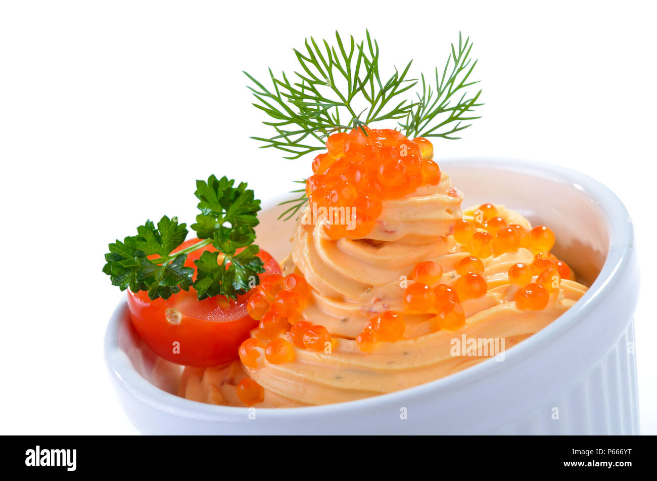 Delicious paprika cream cheese with trout caviar Stock Photo