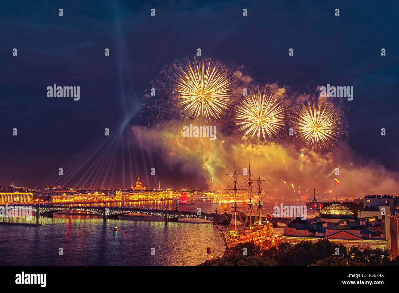 Festive fireworks in St. Petersburg. Scarlet Sails celebration in St