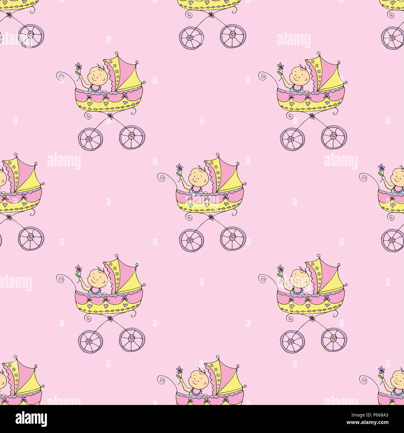 Seamless pattern with cute  pram and baby,vector illustration Stock Vector
