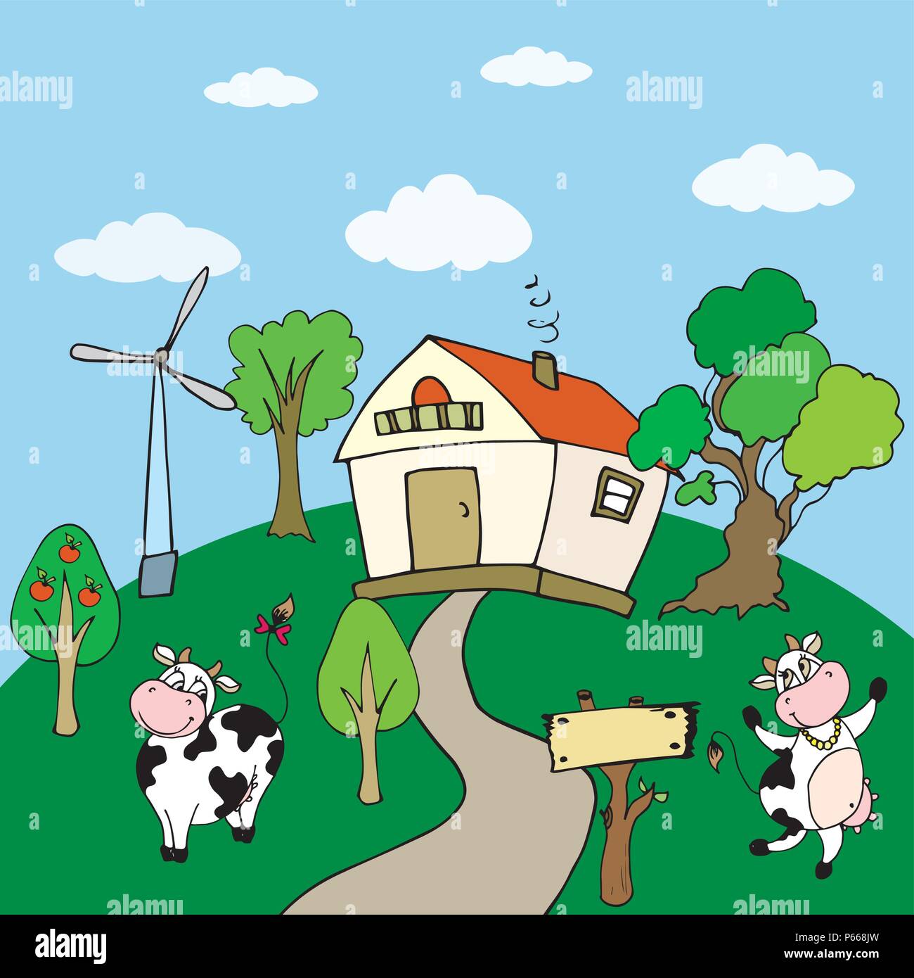 rural background with farm and two funny cows,Stock Vector illustration ...