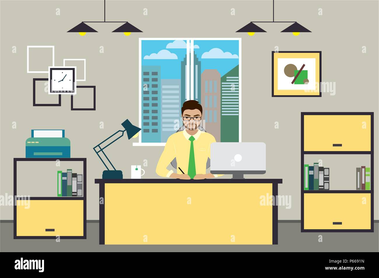 Cartoon businessman working at home or modern office, interior design with furniture,flat vector illustration. Stock Vector