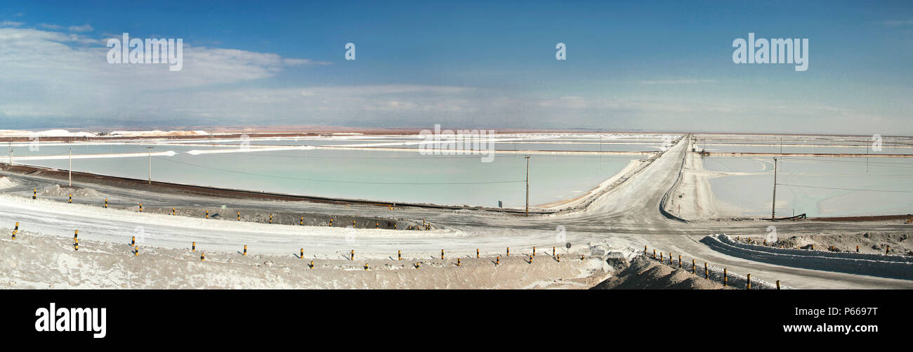 View of the brine lakes of  The Salar de Atacama   The Salar de Atacama contains one of the largest reserves of lithium-brine in the world. This is be Stock Photo