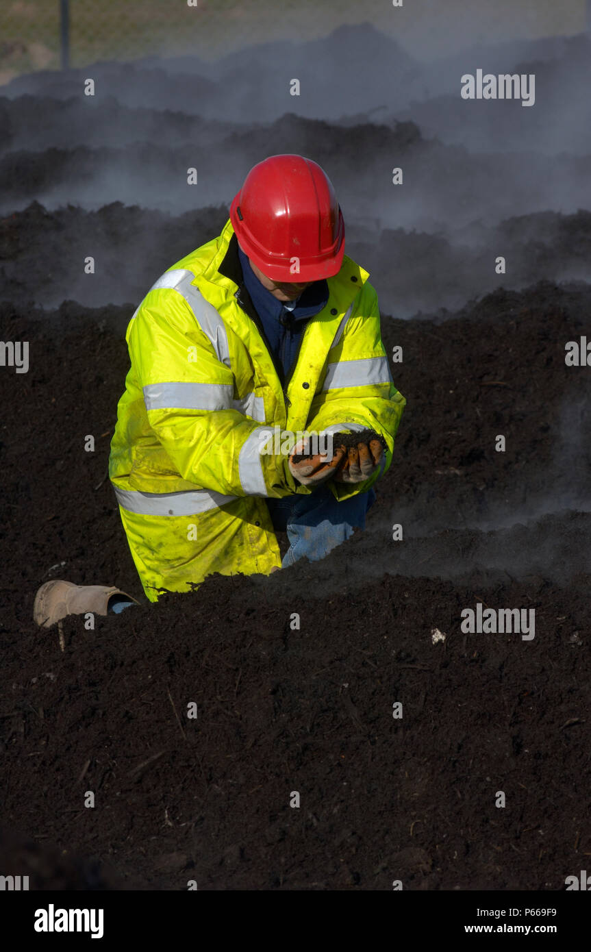 Environmental Technician holding sample of compost spread on