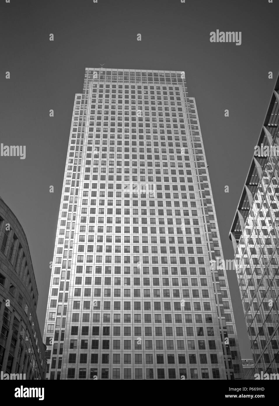 Low angle view of skyscraper in Canary Wharf, London, UK Stock Photo