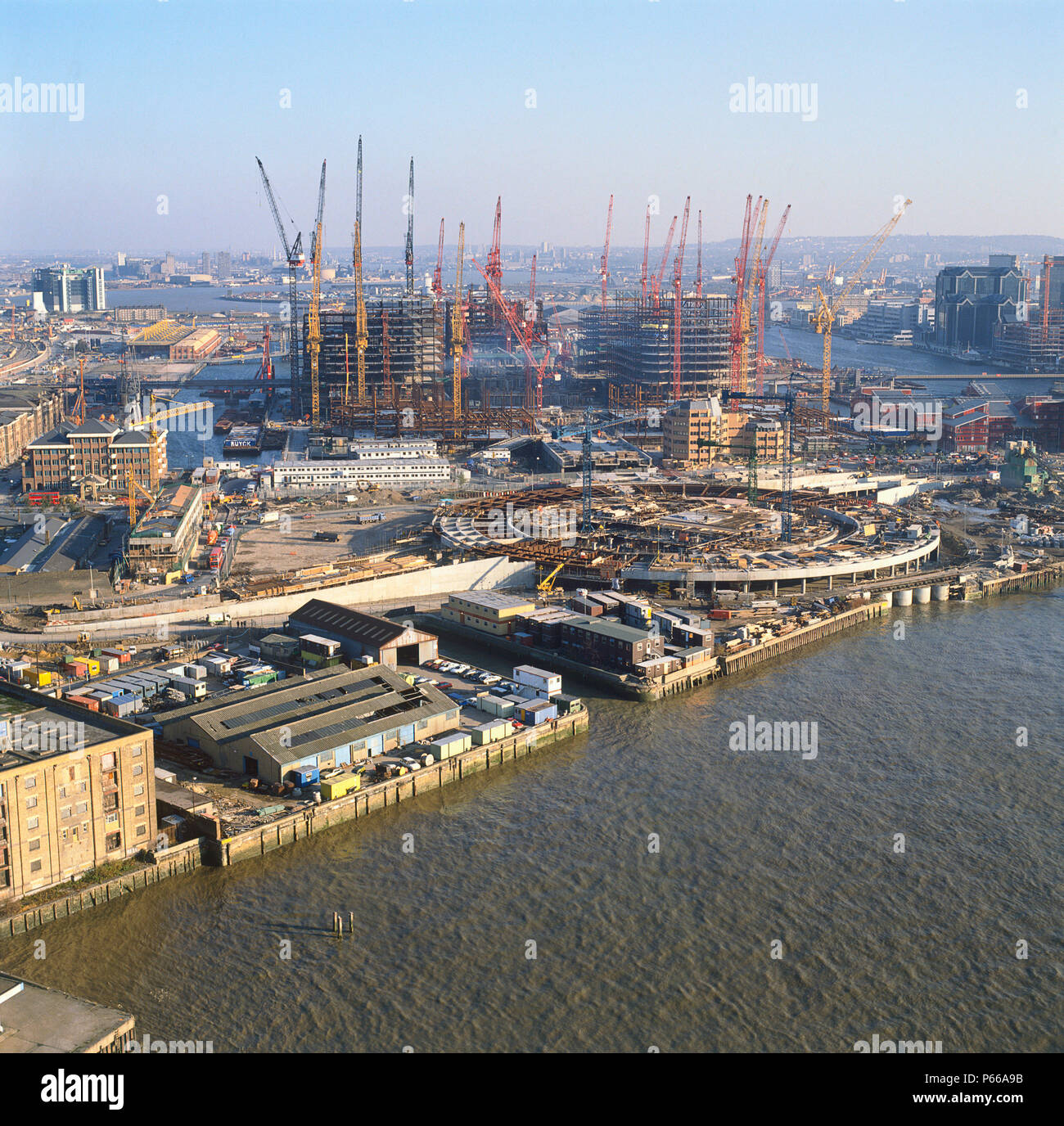Construction in progress in Canary Wharf Docklands area. Aerial view. London United Kingdom. Stock Photo