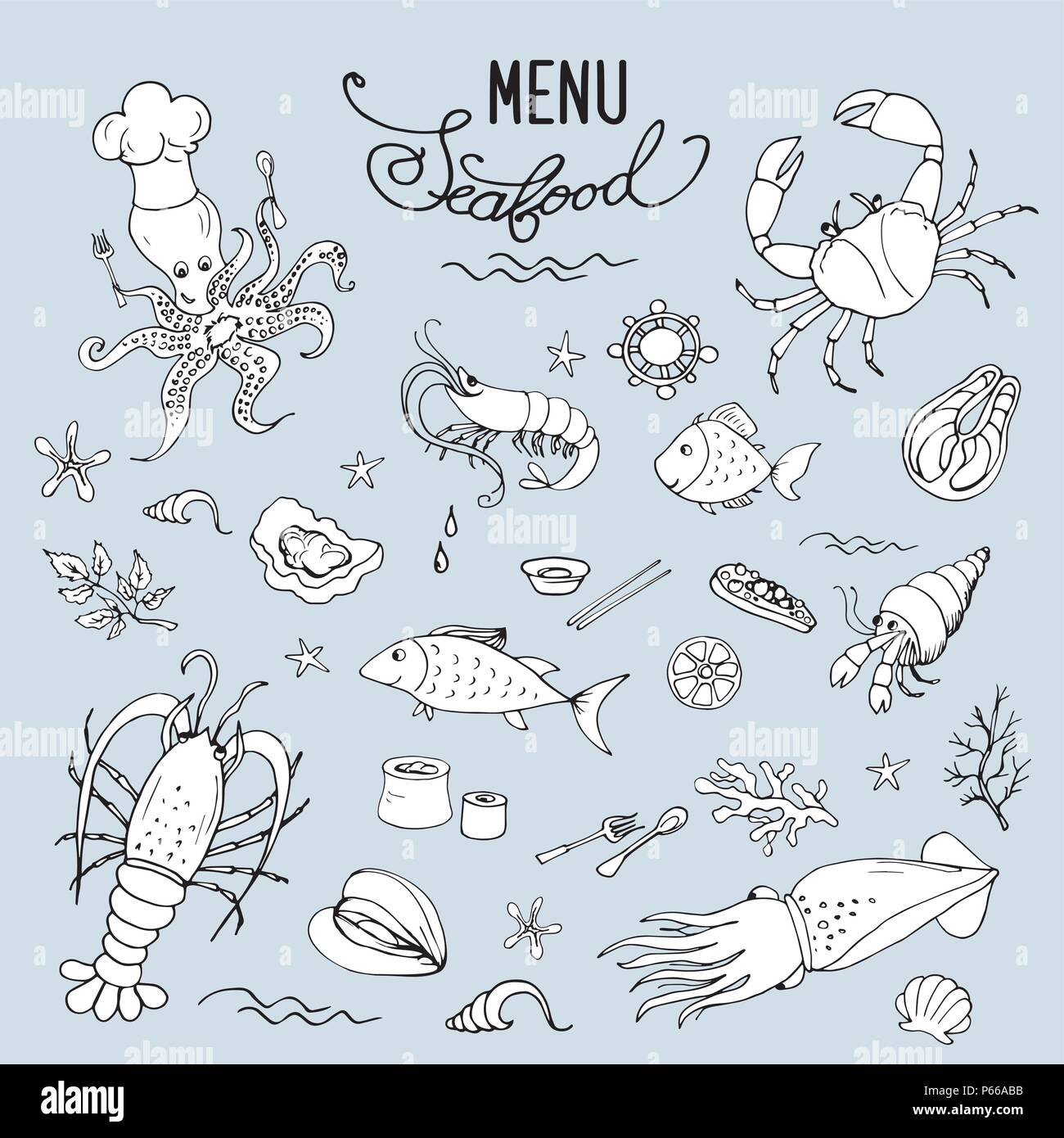 Seafood set,icons or objects,stock vector illustration Stock Vector