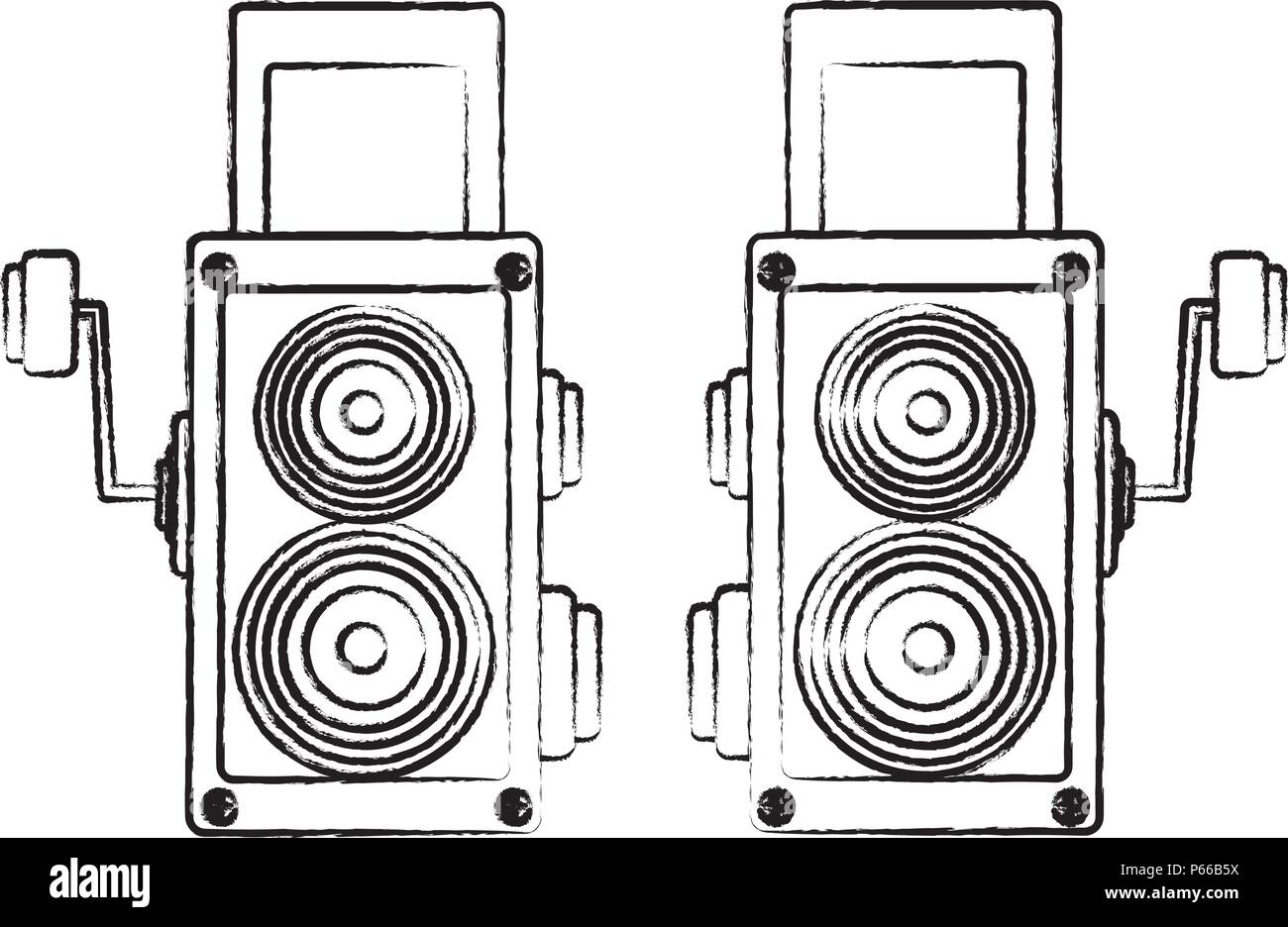 boombox with gramophone and other retro devices over white background