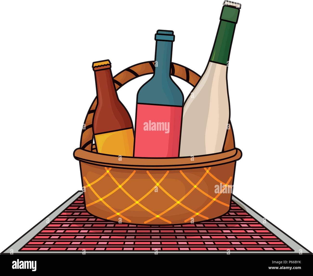 picnic basket with wine and beer bottles over white background, vector ...
